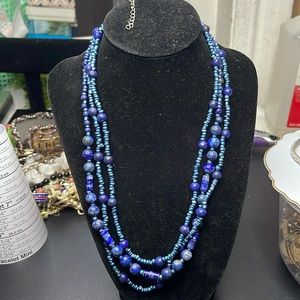 Natural lapis 3 strands Silver Tone Necklage